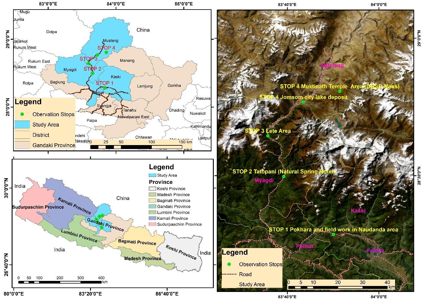 Location maps of the field investigation areas in Gandaki Province, Nepal, showing stops 1 to 4 from Pokhara and Naudanda north to Tatopani, Lete, Jomsom and Muktinath